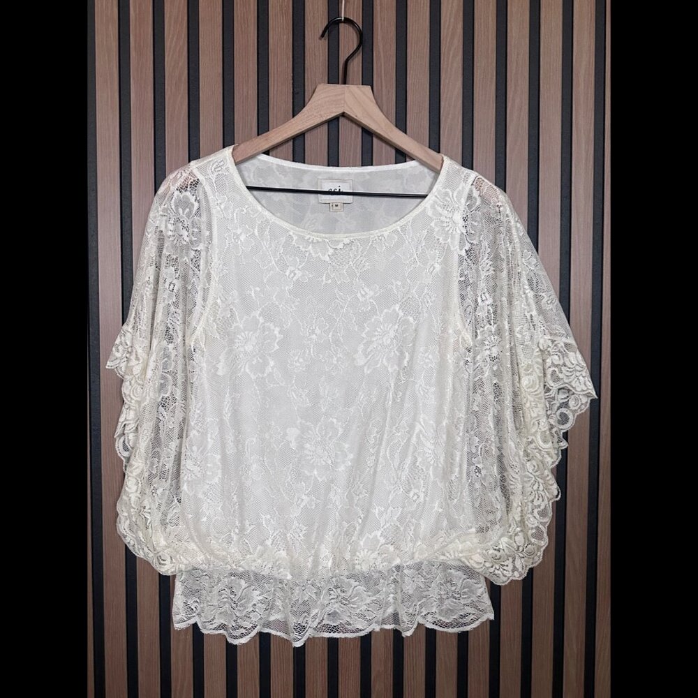 Eci Top Medium Womens White Lace Blouson Sheer 100% Nylon Blouse